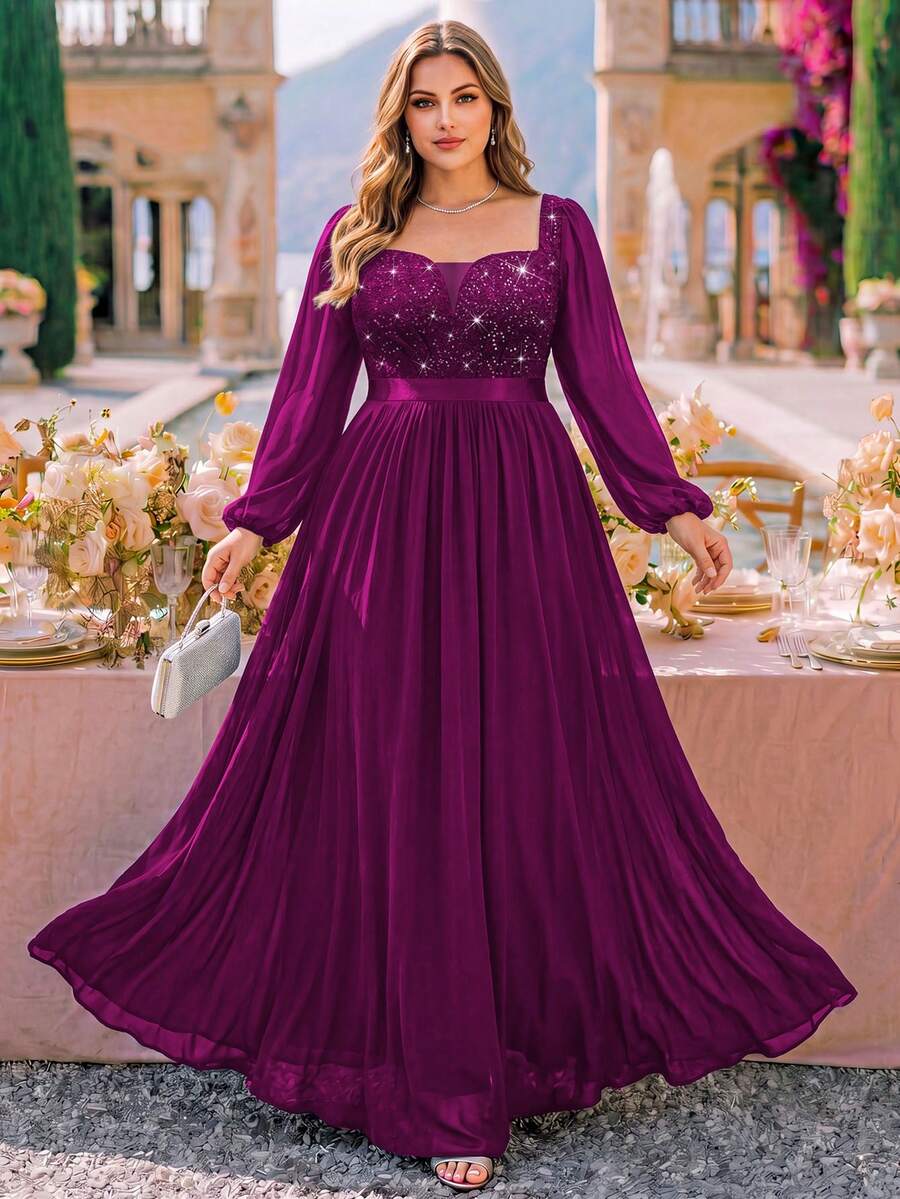 Plus Size Deep V-Neck Sequin Floral Lace Bishop Sleeve Chiffon Formal Evening Gown, Wedding Guest Dress, Suitable For Birthday, Graduation Ceremony - Maroon - View 1