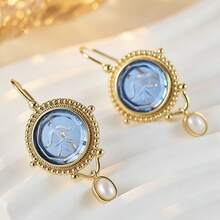 1 Pair Vintage Exotic Embossed Blue Glass Round Pendant Pearl Drop Earrings For Women Couples Friends Party Date Gift Commute Jewelry - Gold - View 8
