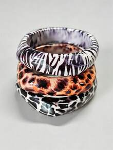 3pcs Set Fashionable Zebra Print Leopard Print Cow Print Resin Bracelet Set, Autumn/Winter Charming Women's Cuff Bangle, Asymmetrical Square Thick Bracelet - Multicolor - View 6