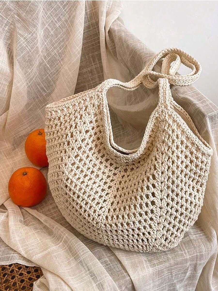 Women's Casual Large Capacity Woven Bag, Open-Top Beach Tote With Adjustable Shoulder Strap, Breathable Fabric, Suitable For Vacation, Shopping And Daily Use - Multicolor - View 1