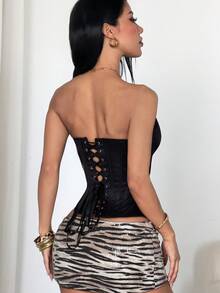 Apperloth A Y2K Satin Corset Tops Lace Up Front Tie Back Backless Boned Shapewear Crop Tube Tops For Women Going Out Club Rave Halloween Costume Party Outfit - Black - View 2