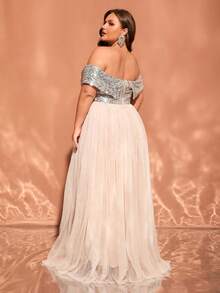 Plus Size Elegant Luxury Apricot Off-Shoulder Open Back Sequin Mesh Patchwork Maxi Wedding Party Evening Gown - Apricot - View 5