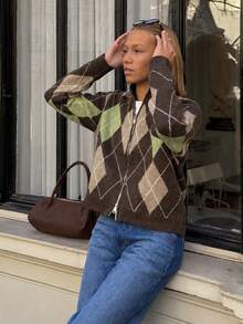 MORI Fall Winter Chic Casual Y2K Basic Brown Argyle Print Zip Up Stand Collar Knit Cardigan Sweater Jacket Women Going Out Outfits - Multicolor - View 4