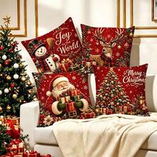 4pcs Red Background Christmas Snowman Reindeer Santa Claus Gift Christmas Tree Print Pattern Pillow Covers, Single-Sided 2D Flat Printing Process, 45x45cm (18x18in), Soft Comfortable Polyester Cushion Covers, Zipper Closure Machine Washable, Suitable For Living Room Bedroom Winter Holiday Home Decor (Pillow Covers Only, Pillow Insert Not Included) - Multicolor - View 10