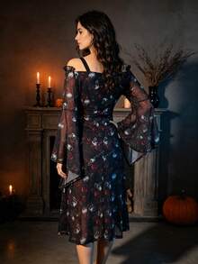 Women's Fashion Vacation Elegant Holiday Print Ruched Bust Ruffle Long Sleeve Camisole Dress - Black - View 2