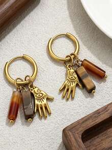 2 Buah Anting Gantung Hoop Gaya Batu Alam Vintage Dekorasi Musim Gugur dengan Charm Bintang, Mata Jahat dan Tangan, Perhiasan Wanita Gaya Bohemian - Anting-anting 7636 - View 5