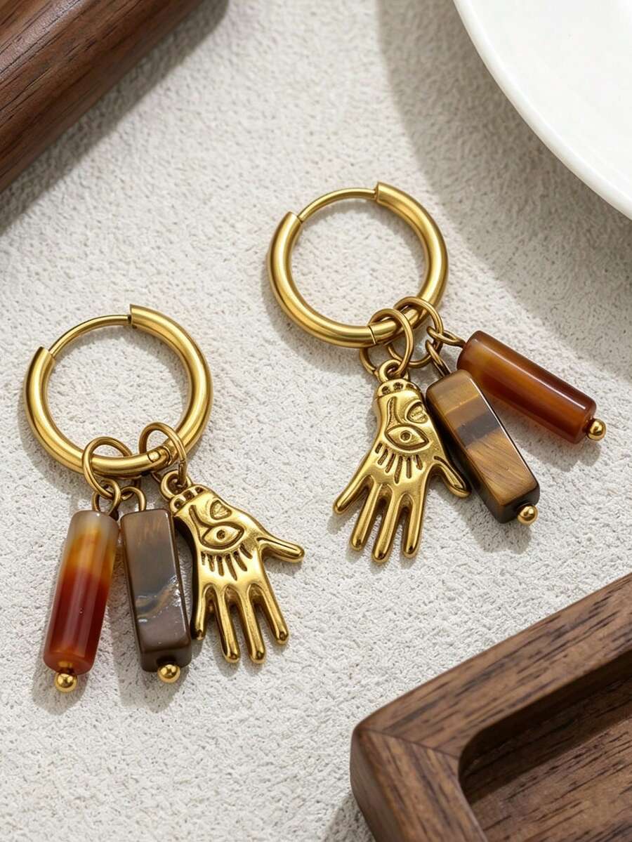 2Pcs Fall Decor Vintage Natural Stone Style Hoop Drop Earrings Star Evil Eye Hand Charm Dangle Earrings Women Bohemian Ear Fall Style Jewelry - Earrings 7636 - View 1