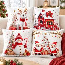 shangxia 4PCS--White Background Cartoon Winter Throw Pillow Covers, Red Clothes Old Man Red House Deer Snowman Sofa Decorative Cushion Covers--(Pillow Inserts Not Included)-- (Multiple Sizes) - Multicolor - View 8