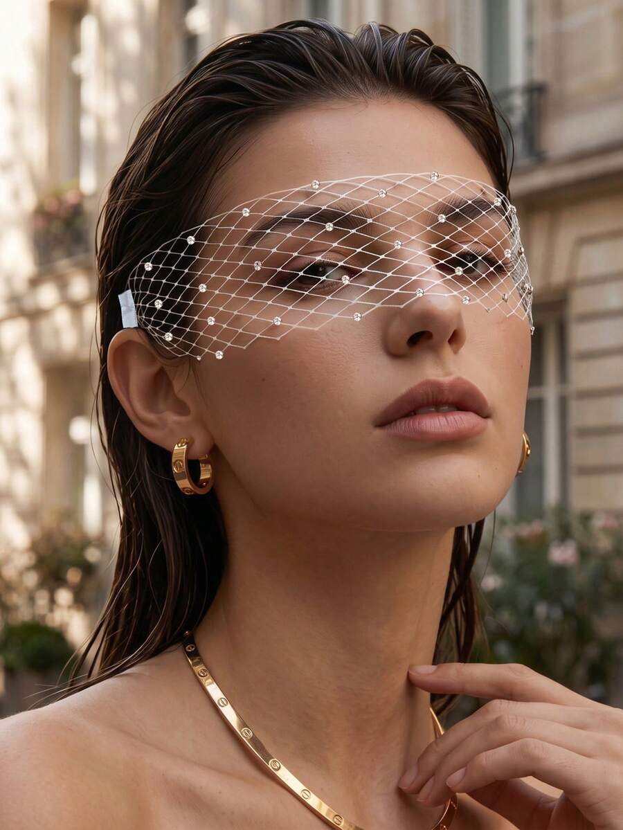 French Vintage Rhinestone Fishnet Veil, Sparkling Mesh Hair Accessory, Suitable For Parties And Banquets