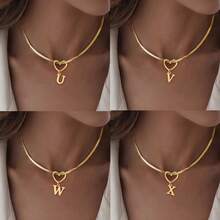 1pc New Classic Letter Hollow Heart Pendant Necklace, Unisex Gold-Tone Chain Letter Necklace, Birthday Gift Jewelry - Gold - View 10