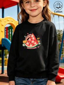 Girls' Cute Printed Drop-Shoulder Round-Neck Long-Sleeve Casual Sports Sweatshirt - Black - View 1