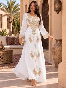 Women's Sequin Beaded Long Sleeve Elegant Dress - White - View 3