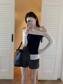 Colorblock Patchwork Asymmetrical Shoulder Long Sleeve T-Shirt, Slim Fit Casual Women's Top, Autumn - Navy Blue - View 3