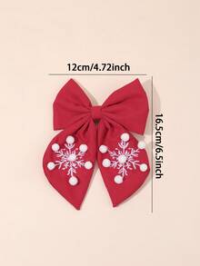 1pc Christmas Red Snowflake Embroidered Pom Pom Bow Hair Clip, Girls Winter Hair Accessory, Party & Daily Wear - Red - View 7