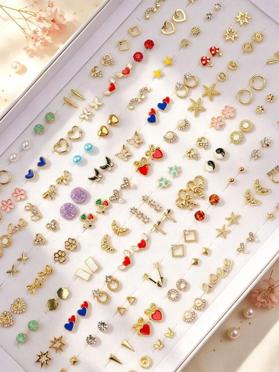 14/21 Pairs Cute Enamel Stud Earrings Set, Gold Butterfly Heart Flower Star Cherry Design, Daily Wear Stackable Earrings Gift For Women And Girls - Exquisite Stud Earrings - View 1