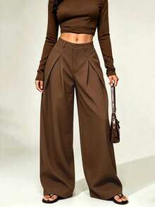 Women's Low Waist Fashion Pleated Solid Color Wide Leg Suit Pants - Coffee Brown - View 5