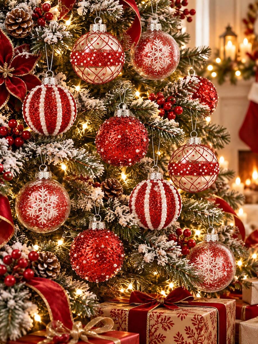 12pcs-Red Christmas Ball Decoration Set, Pearl Glitter Snowflake Christmas Tree Decor, With Gift Box, For Christmas Decoration, Home Party, Winter Home Decor, Red Christmas, Holiday Party Decorations, Pearl Christmas Decorations (Red) - Red - View 1