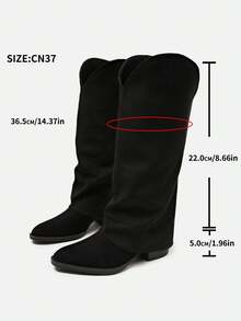 Elegant Pointed Toe Chunky Heel Matte Leather Side Zipper V-Cut Slimming Versatile Women's Tall Boots - Black - View 8