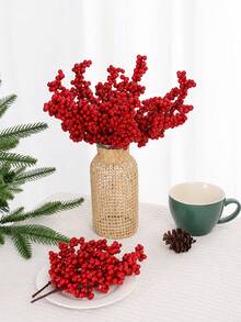 50Pcs Artificial Red Berry Branches, Realistic Plastic Holly Berry Stems For Christmas Tree Decor, Holiday Craft, Wedding Centerpiece And Home Decoration - Red - View 8