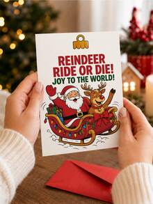 1pc "Reindeer Ride Or Die! Joy To The World!" Christmas Greeting Card Set, Santa & Reindeer Sleigh Illustration With Red Envelope For Best Friends, Family, Coworkers & Holiday Celebrations - Fun Reindeer - View 5