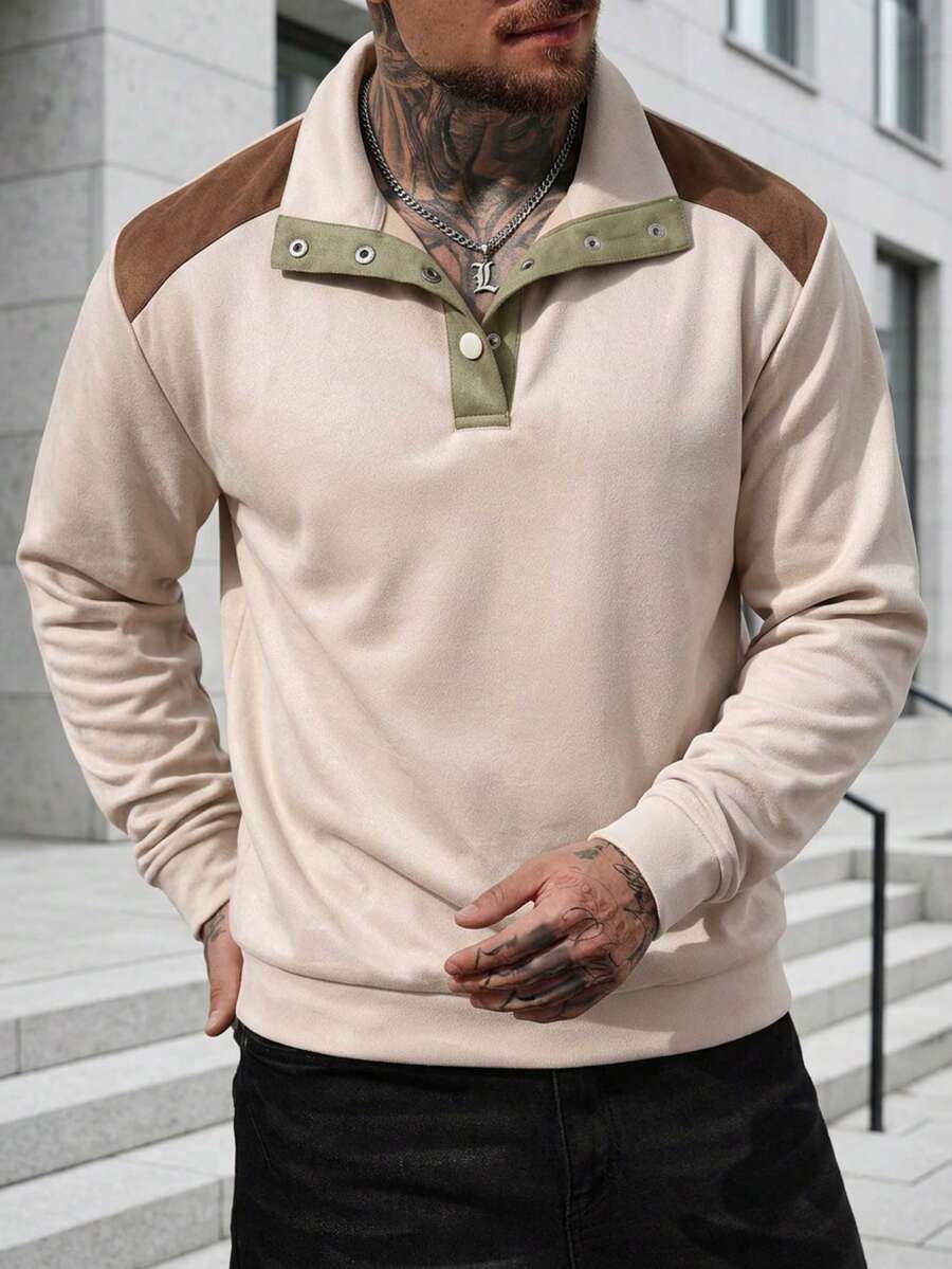 Men's Spring/Autumn Casual Fashion Versatile Colorblock Patchwork Stand Collar Pullover Sweatshirt - Khaki - View 1