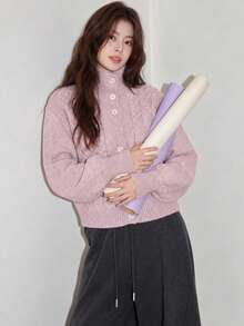 Women's Autumn/Winter Casual Minimalist Cable Knit Cardigan Jacket, Stand Collar/Lapel Design - Mauve Purple - View 1