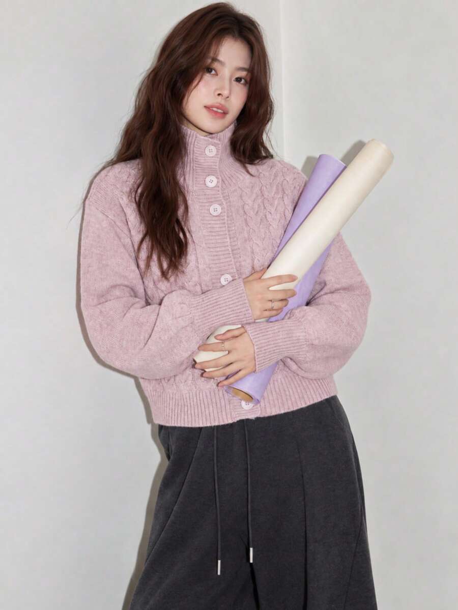 Women's Autumn/Winter Casual Minimalist Cable Knit Cardigan Jacket, Stand Collar/Lapel Design - Mauve Purple - View 1