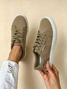 Women's Low-Top Lace-Up Casual Sports Shoes, Solid Color, Outdoor Wear - Khaki - View 1
