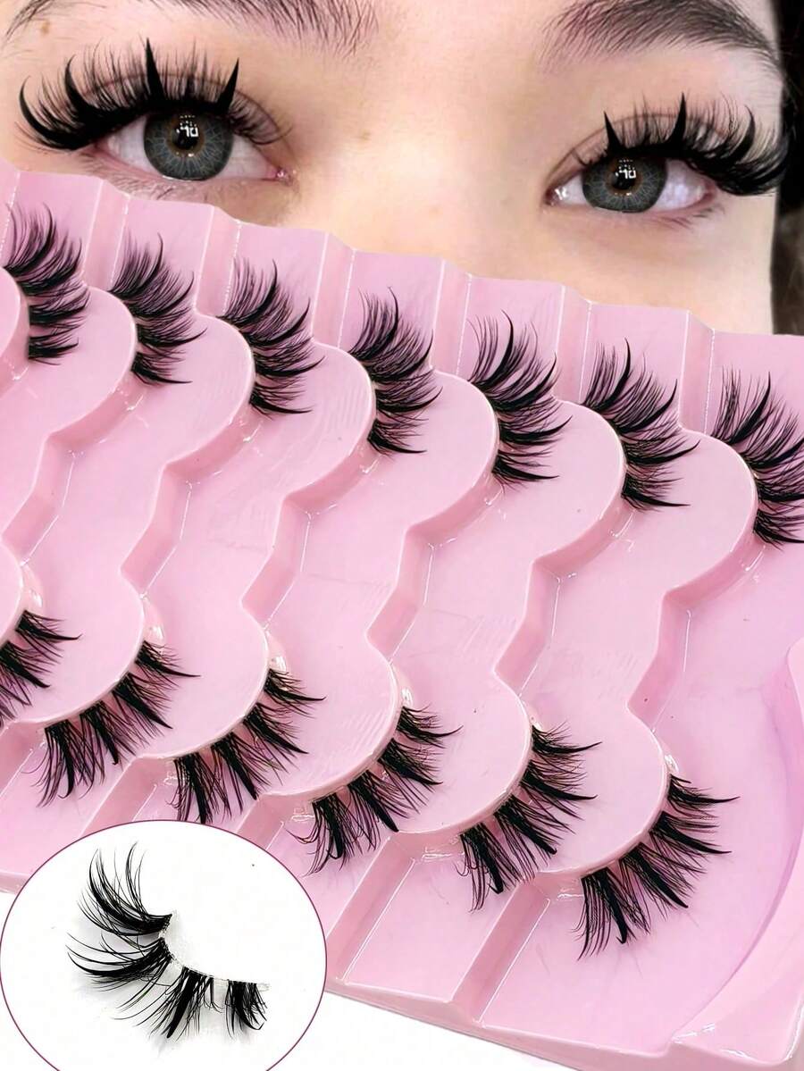7 Pairs Half Lashes - Reuseble Natural Half Lashes Strips With Spikes For Nude Makeup Cat Eye Spiky Crossed Curling Eyecorner Lashes Fairy Look Faux Mink Fake Eyelashes Extensions - Black - View 1