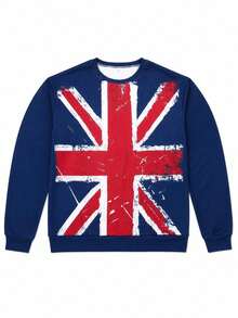 Women's Vintage Distressed Union Jack Print Crew Neck Sweatshirt, Casual Loose Long Sleeve Pullover - Baby Blue - View 3