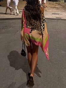 Sexy Women's Bodycon Mini Dress, Leopard Print Boat Neck Short Dress With Vibrant Striped Kimono Sleeves For Party Wear - Brown - View 2