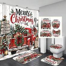 1pc/4pcs Country Farmhouse Style Christmas Red Truck Pattern Multi-Functional Bathroom Decor Shower Curtain Set, Free 12 Hooks, Premium Holiday Atmosphere, Bathroom Mat, U-Shaped Bath Mat And Round Toilet Lid Cover, Suitable For All Scenes Decoration Bathroom Set - Rustic Farmhouse Christmas Red Truck - View 8