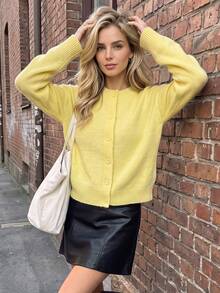 Nicenter Women's Fall Winter Yellow Wool Blend Drop Shoulder Long Sleeve Button Front Ribbed Trim Cardigan Sweater, Casual Simple For Office Daily Home Date - Yellow - View 8