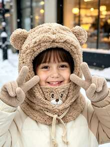 1pc Baby Cartoon Bear Ear Fleece Knitted Hat With Mask, Warm Headwear, Thickened Ear Protection Skull Cap, Neck Warmer - Multicolor - View 6