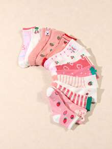 10 Pairs Random Kids Sweet Fruit Embroidered Mid-Calf Leg Warmers, Multiple Strawberry & Cherry Patterns, Fresh Pink & White Colorway, Comfortable Breathable Versatile Casual Sock Set - Multicolor - View 2