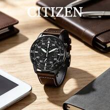 CITIZEN Men's -Drive Chronograph Watch Matte Black Case Direction Compass Markings Multi Sub-Dials Date Display Vintage Brown Stitched Leather Strap - Brown - View 1
