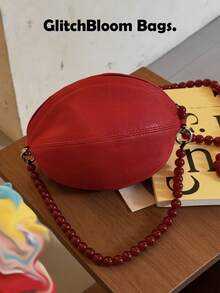 MINIRed Dumpling Mini Handbag With Beaded Handle, Fits 6.67" Phone, Cute PU Leather Party Purse For Women, Novelty Y2K Clutch Bag - Red - View 6