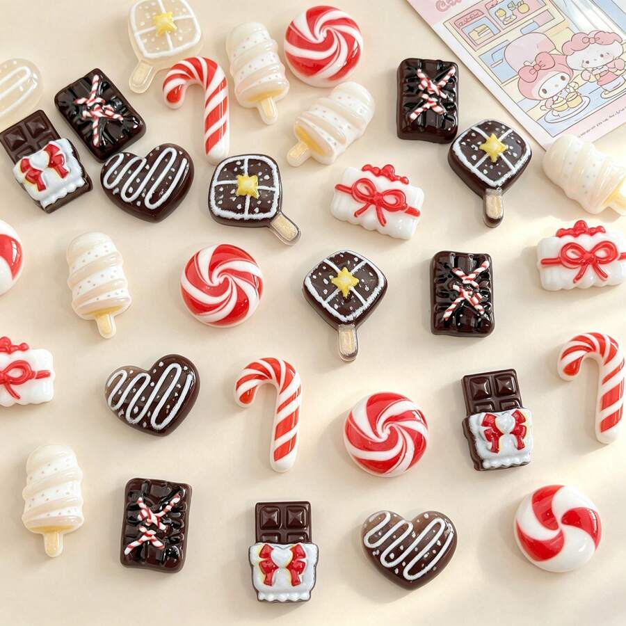 20/50/100pcs Christmas Style Chocolate Candy Cane Resin Charms, Realistic Candy Popsicle DIY Cream Glue Phone Case Hair Clip Handmade Stickers - Random Mix - Multicolor - View 1