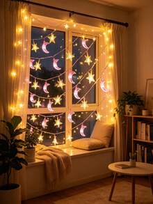 Star Moon LED String Lights Battery Powered, Warm Pink Dual Color, Fairy Lights For Bedroom Curtain Table Holiday Party Decor - Star and Moon Light String - View 7
