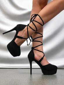 Ultra High Heel Suede Fashion Lace-Up Stiletto High Heel Sandals Nightclub Model Runway Shoes Round Toe Low Vamp Black Pumps - Black - View 3