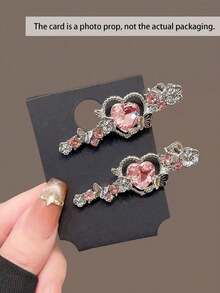 2pcs/1pc Sweet And Fresh Pink Heart Flower Rhinestone Hair Clips, Unique Side Bangs Hair Clips, Exquisite Hair Accessories, Suitable For Women, Travel, Birthday, Claw Clips - Multicolor - View 4