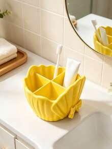 Bowknot Ruffle Shell Design 4-Slot Toothbrush Holder, Bathroom Countertop Toothpaste Makeup Brush Storage Rack, Multi-Functional 3D Printed Desktop Small Item Sorting Storage Basket, Home Use - Multicolor - View 4