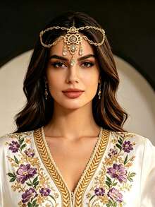 طقم إكسسوارات شعر وأقراط ذهبي عتيق مرصع بالراينستون، بتصميم فيليجري مفرغ على شكل قطرة، لحفلات الزفاف والولائم - الذهبي - مشاهدة 8