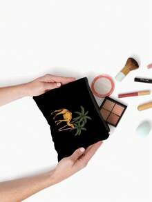Date Palm Tree Camel Print Makeup Bag, Portable Zipper Cosmetic Pouch, Desert Style Travel Toiletry Storage Bag For Women,Middle Eastern Style,Boho Desert Pattern,Arabic Style, Lightweight, Multi‑Purpose, Gift For Her, Daily Cosmetic Storage - Multicolor - View 5