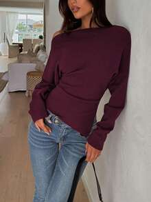 Sweater Kasual Minimalis Elegan dan Glamor, Atasan Rajut Pas Badan dengan Bahu Asimetris untuk Perjalanan Sehari-hari - Burgundy - View 3