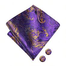 5Pcs Men Formal Bow Tie Set, Purple Tropical Plant Jacquard Pattern Pocket Square Cufflinks Ring Boutonniere, Cufflinks Pattern Random - Purple - View 4