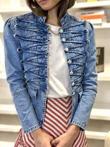 Women's Vintage Washed Denim Shacket, Button Front, Faux Pockets, Stand Collar Long Sleeve Regular Length Jacket, Fashion Casual Outerwear - Blue - View 1