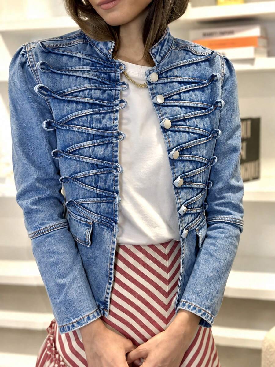 Women's Vintage Washed Denim Shacket, Button Front, Faux Pockets, Stand Collar Long Sleeve Regular Length Jacket, Fashion Casual Outerwear - Blue - View 1