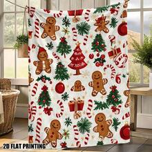 1pc Christmas Gingerbread Man Print Flannel Throw Blanket, Soft And Warm, Gingerbread Man, Candy Cane And Snow Tree Holiday Design, Suitable For Bed, Sofa, Chair, Office And Travel, Ideal Gift For Holiday Season - Multicolor - View 1