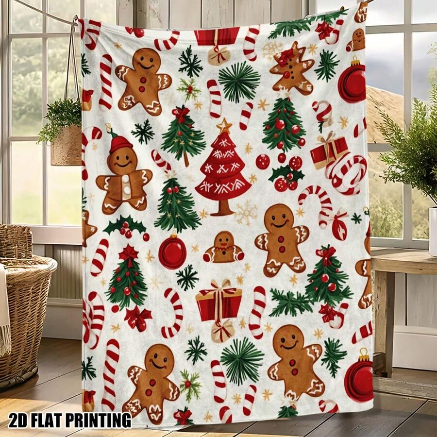 1pc Christmas Gingerbread Man Print Flannel Throw Blanket, Soft And Warm, Gingerbread Man, Candy Cane And Snow Tree Holiday Design, Suitable For Bed, Sofa, Chair, Office And Travel, Ideal Gift For Holiday Season - Multicolor - View 1